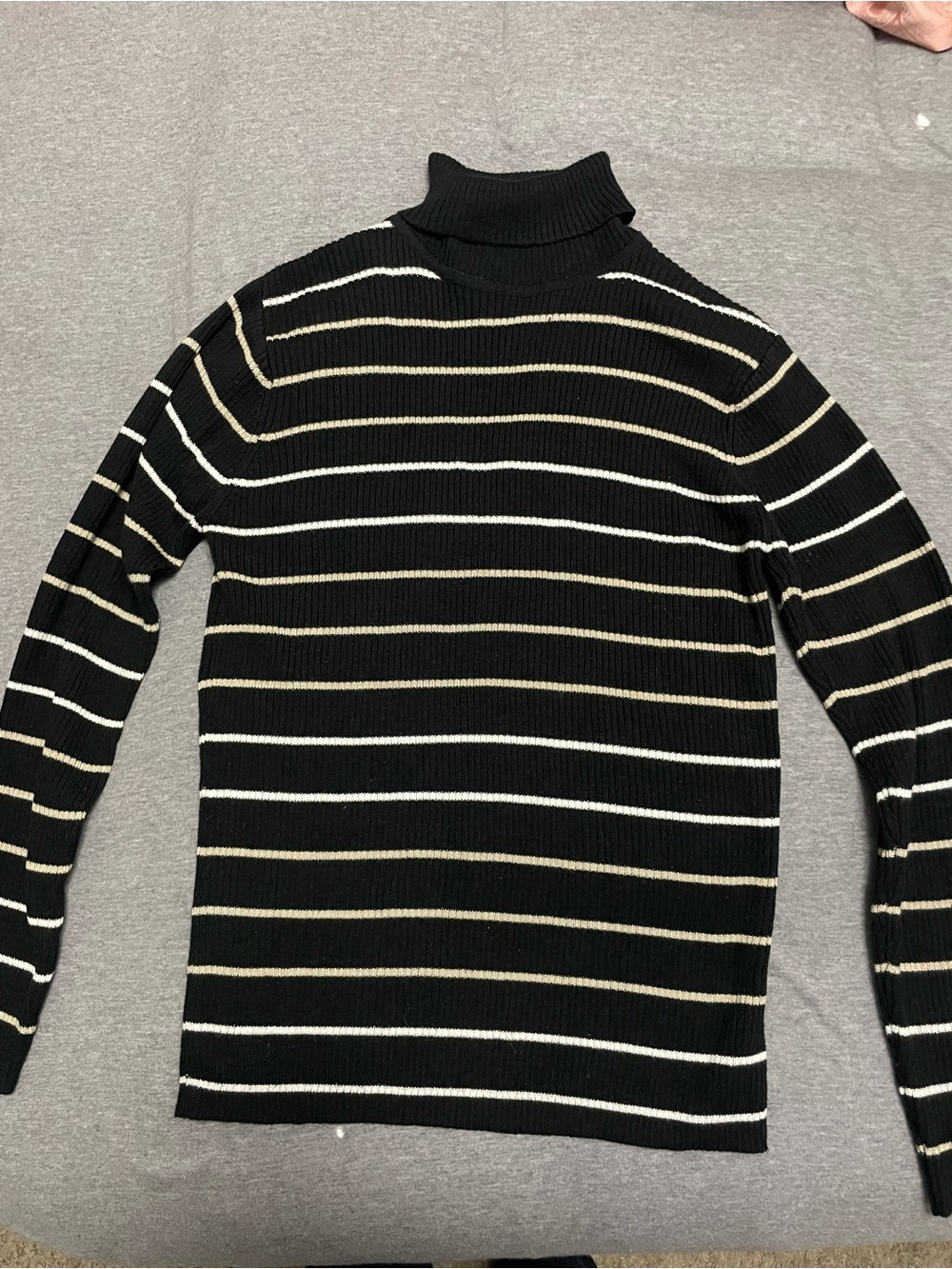 Hampshire Studio Black & Cream Striped Ribbed Turtleneck Sweater S
